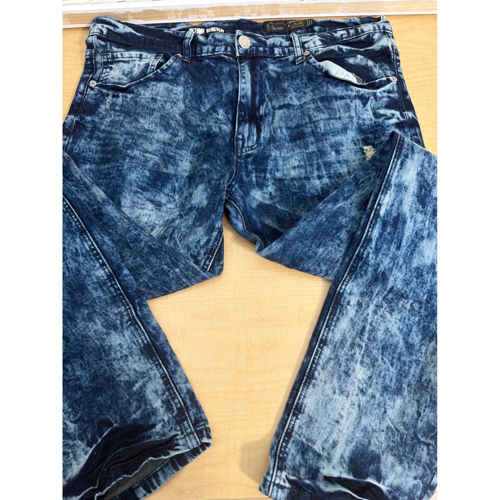 Indigo People Mens Skinny Stretch Acid Wash Blue Denim Jeans 36x34